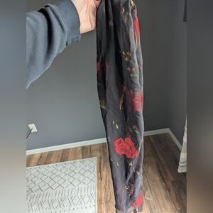 Banjara Black 100% silk scarf with red florals 21x75 Red Roses